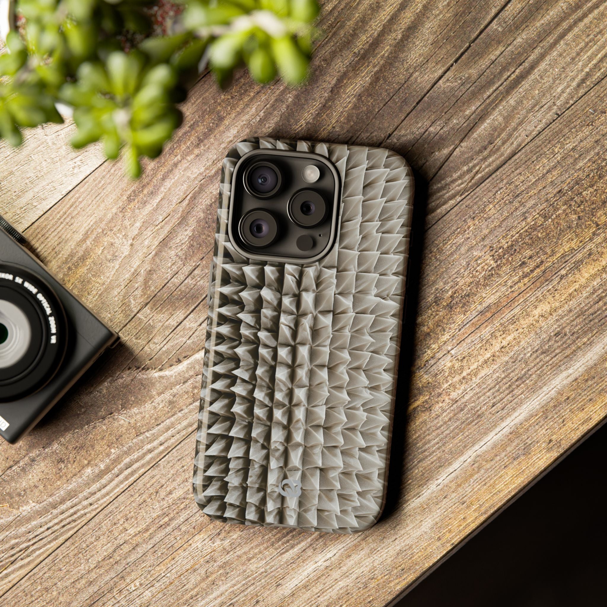 Beige Tough Phone Case for iPhone - Bone Spiked Grid