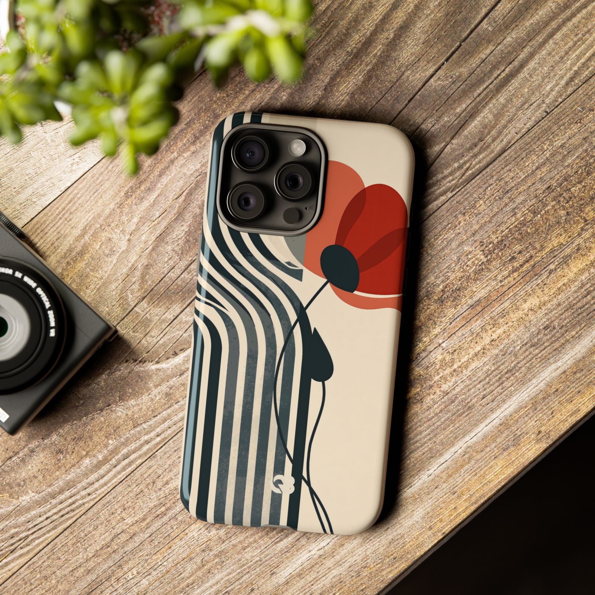 Beige Tough Phone Case for iPhone - Crimson Line Bloom