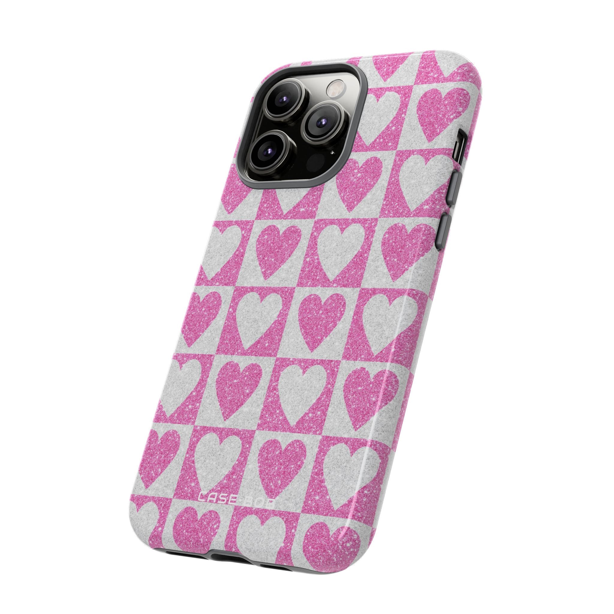 Glitter Heart Grid iPhone 14 Pro Max Case - Tough