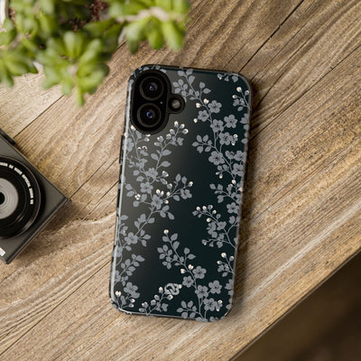 Black Tough Phone Case for iPhone - Midnight Slate Blossom