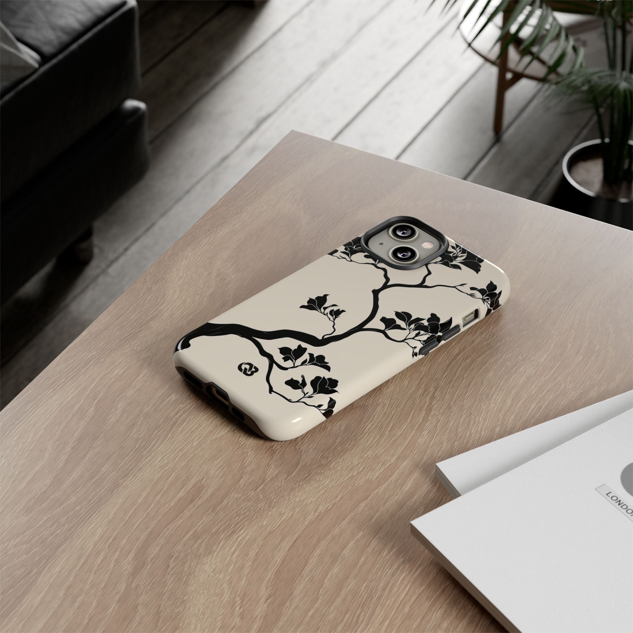 Beige Tough Phone Case for iPhone - Obsidian Bonsai Silhouette
