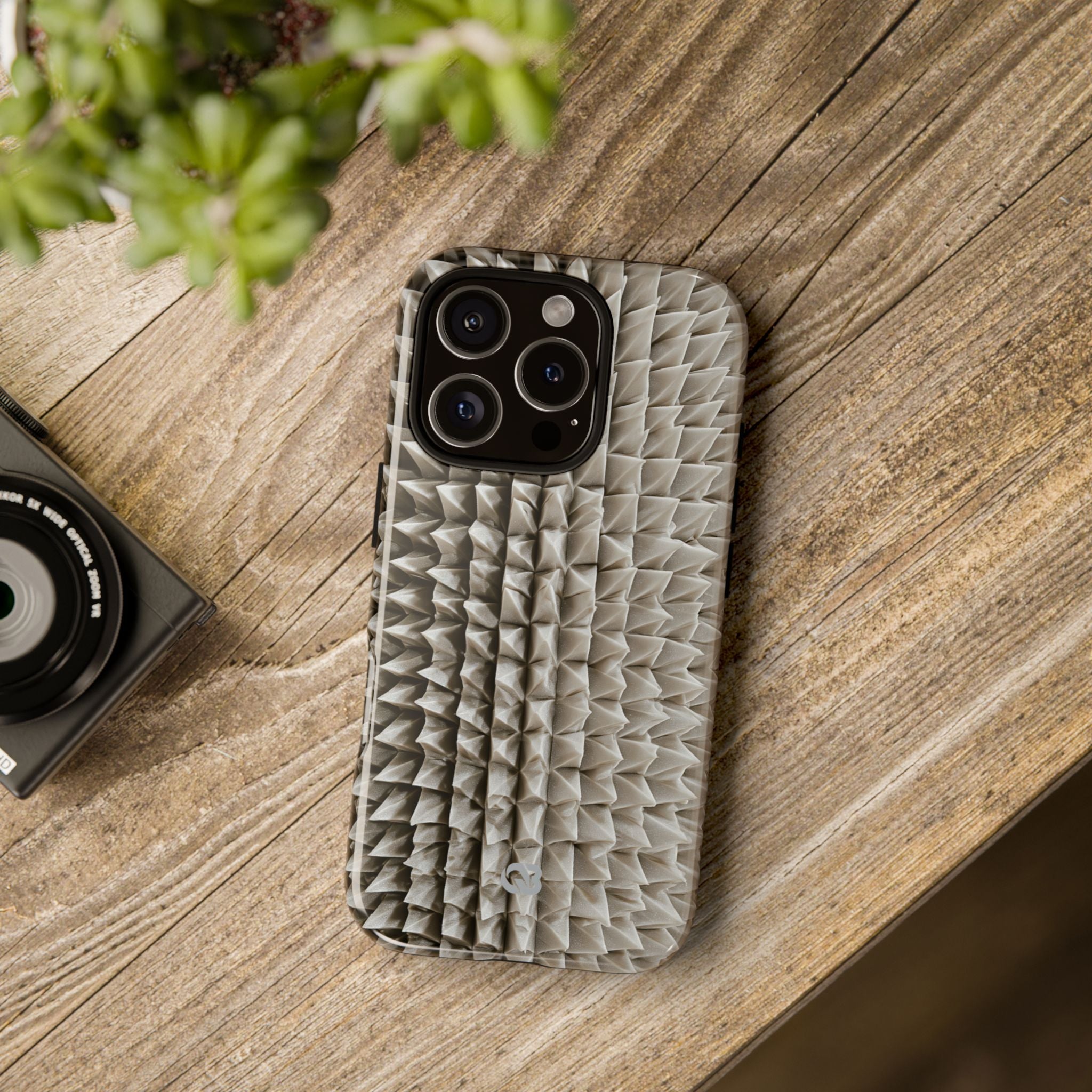 Beige Tough Phone Case for iPhone - Bone Spiked Grid