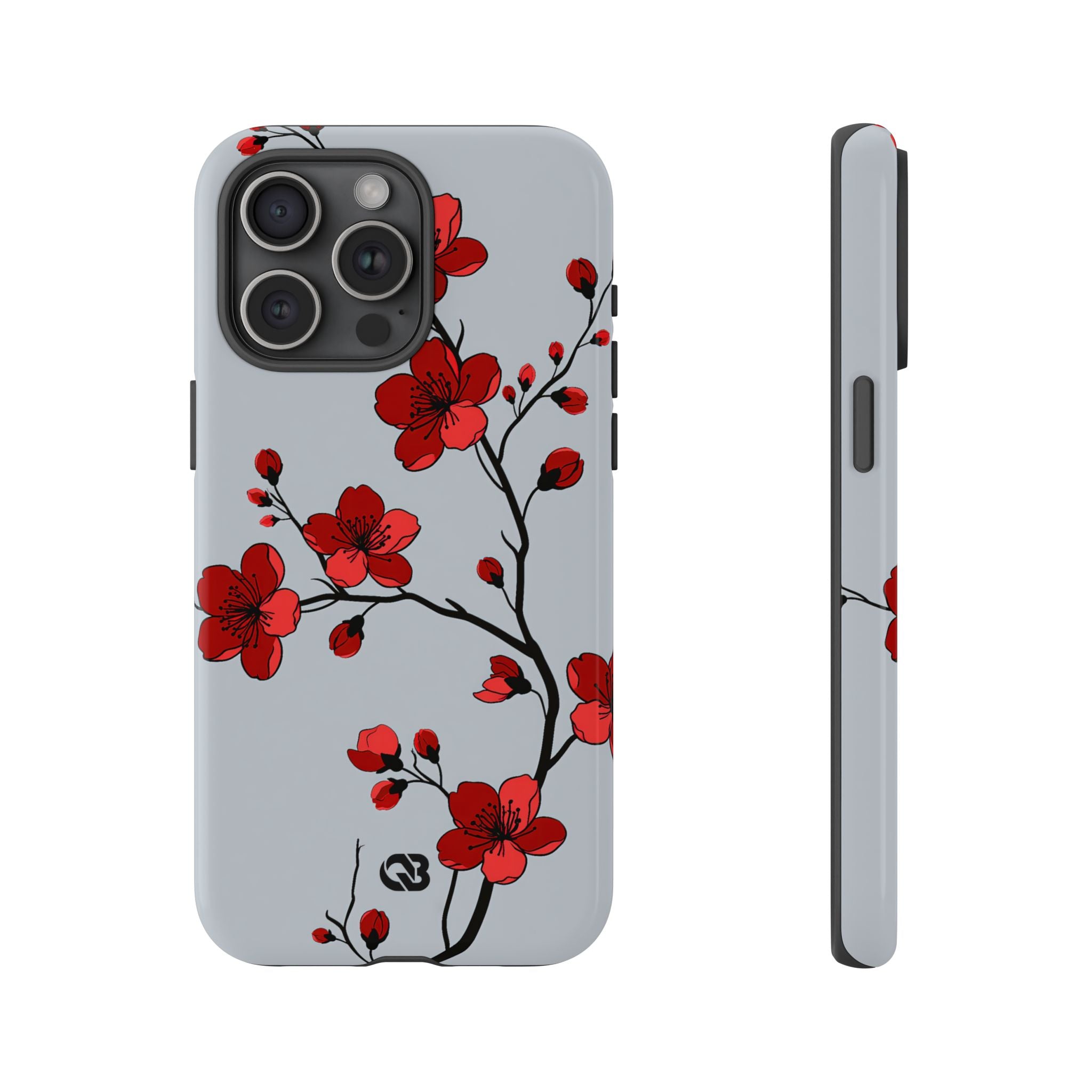 Grey Tough Phone Case for iPhone - Crimson Blossom Onyx