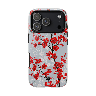Grey Tough Phone Case for iPhone - Crimson Sakura Slate