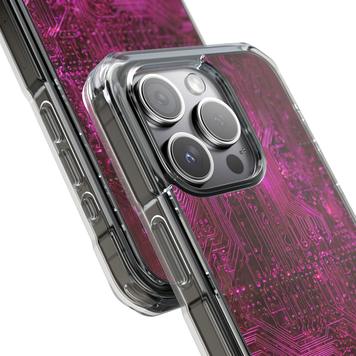 Magenta Circuit Trace · Clear Impact Magnetic Phone Case for iPhone · Pink