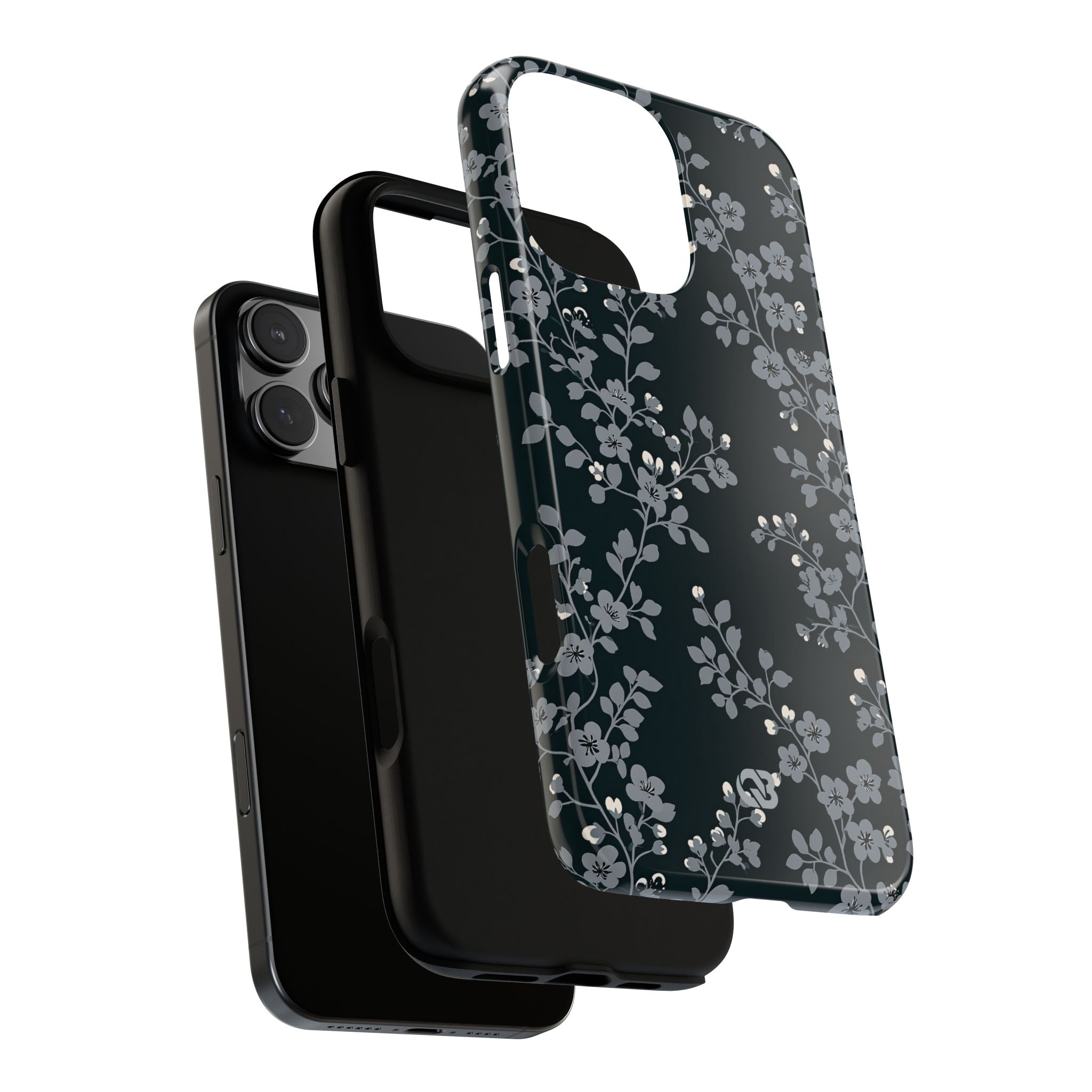 Black Tough Phone Case for iPhone - Midnight Slate Blossom