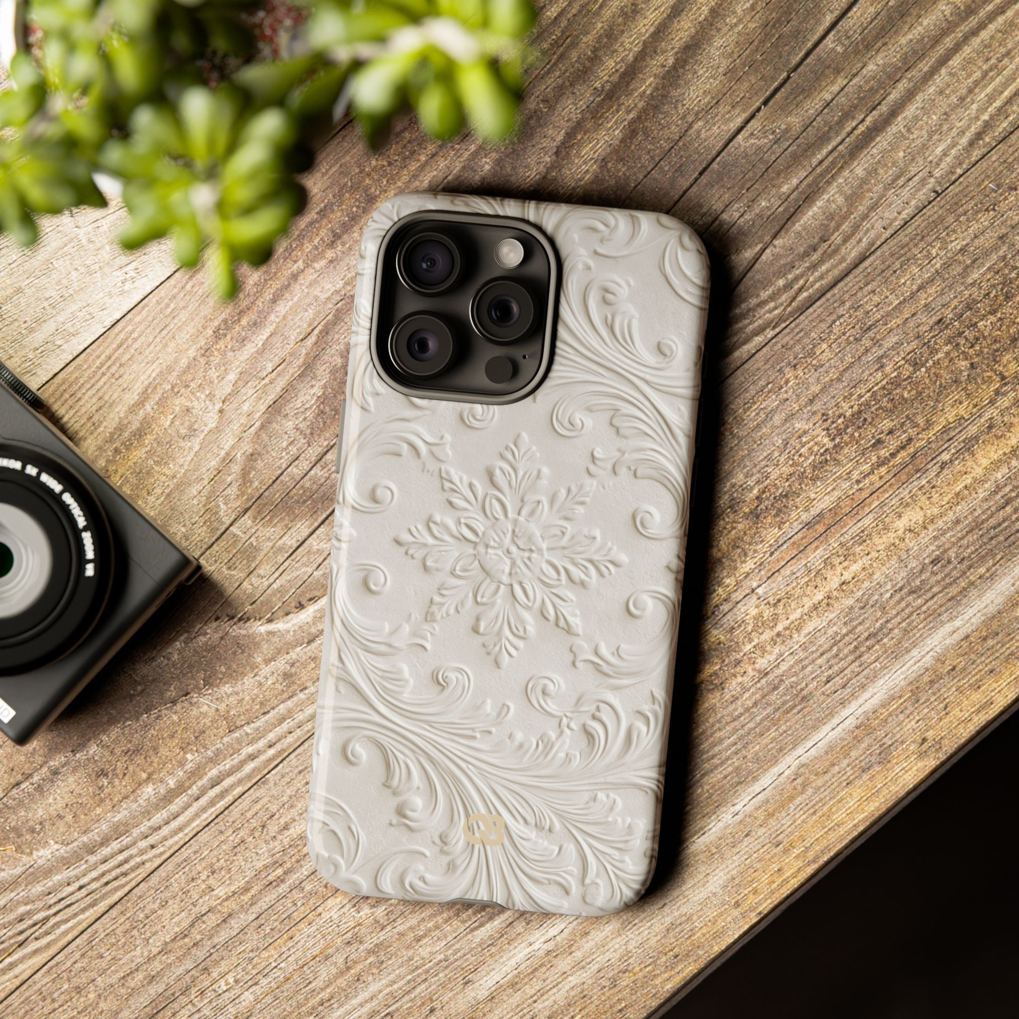 White Tough Phone Case for iPhone - Alabaster Floral Relief