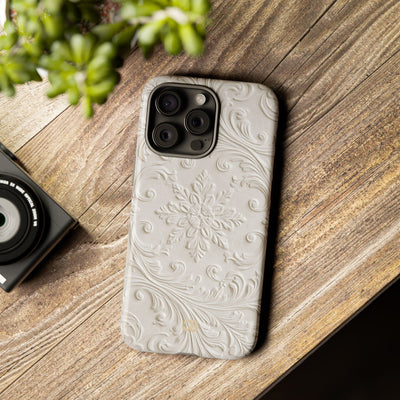 White Tough Phone Case for iPhone - Alabaster Floral Relief