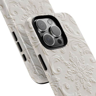 White Tough Phone Case for iPhone - Alabaster Floral Relief