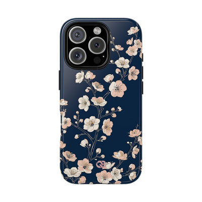 Blue Tough Phone Case for iPhone - Midnight Peach Sakura