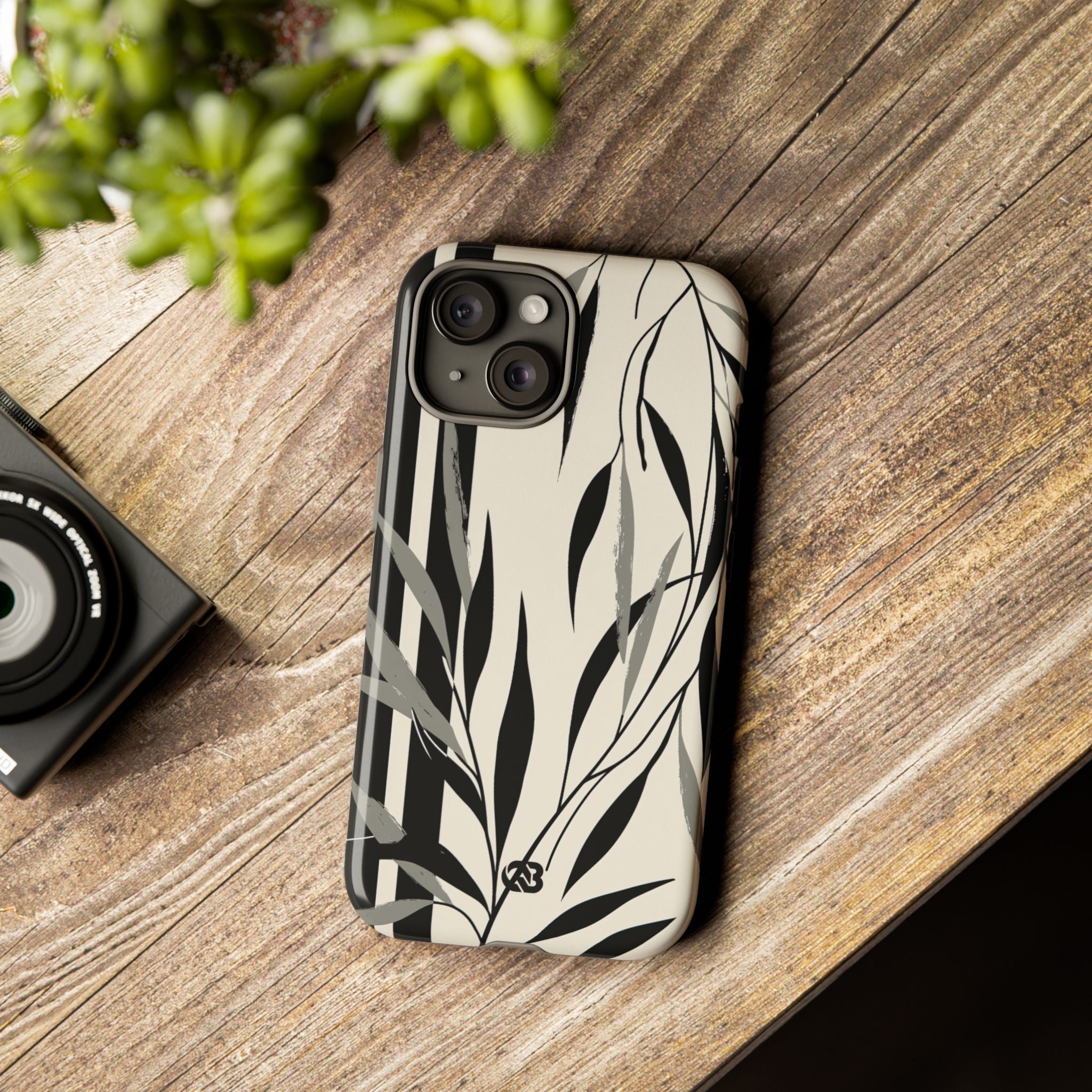 Beige Tough Phone Case for iPhone - Soot Leaf Sketch