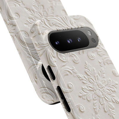 White Tough Phone Case for Google Pixel - Alabaster Floral Relief