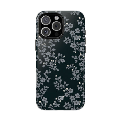 Black Tough Phone Case for iPhone - Midnight Slate Blossom