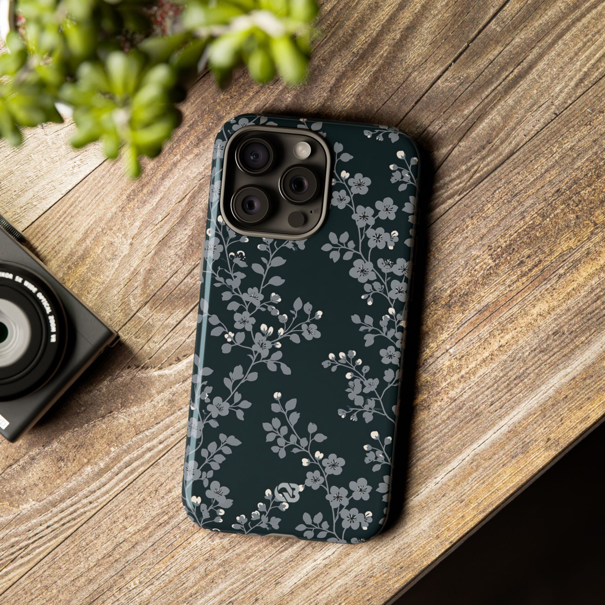 Black Tough Phone Case for iPhone - Midnight Slate Blossom