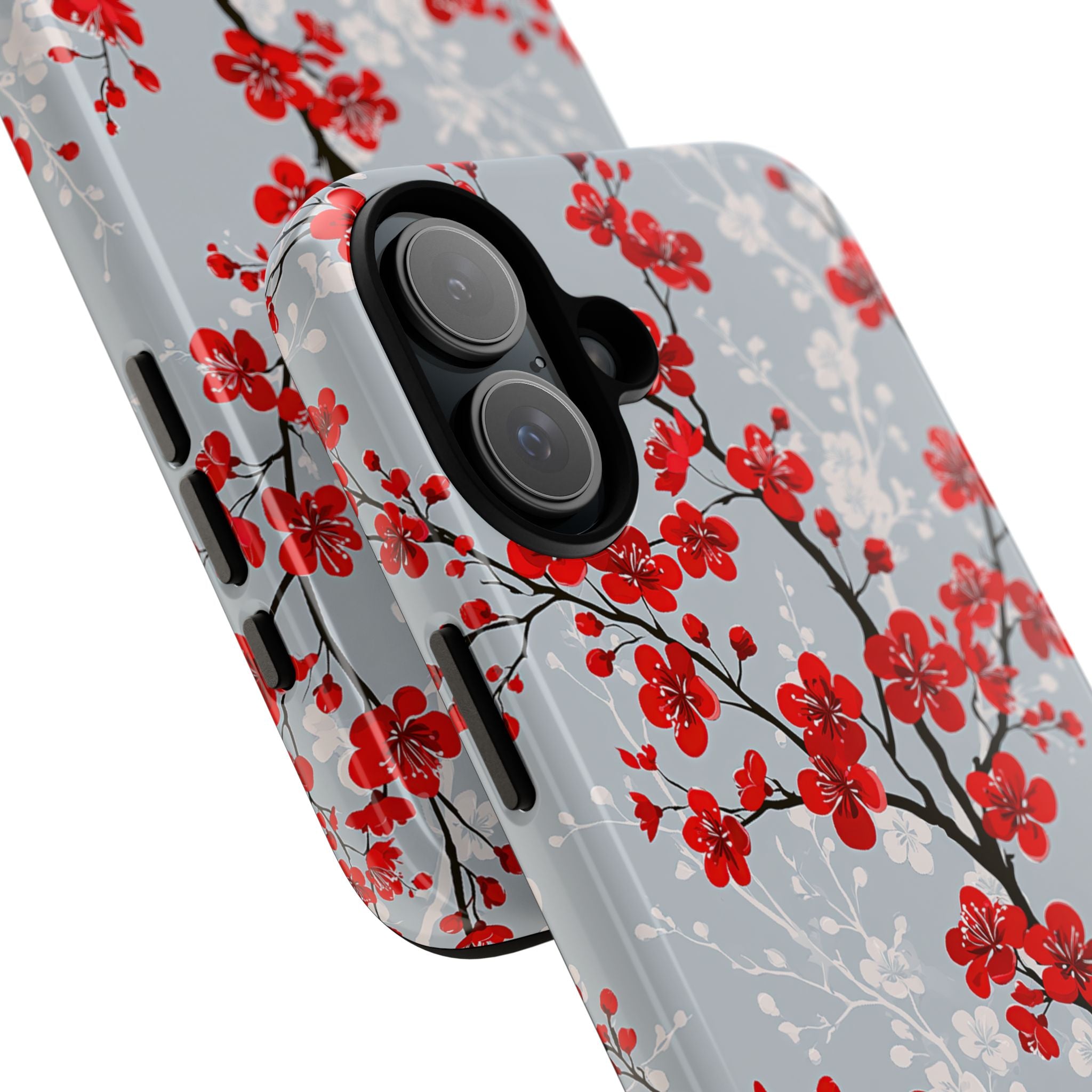 Grey Tough Phone Case for iPhone - Crimson Sakura Slate
