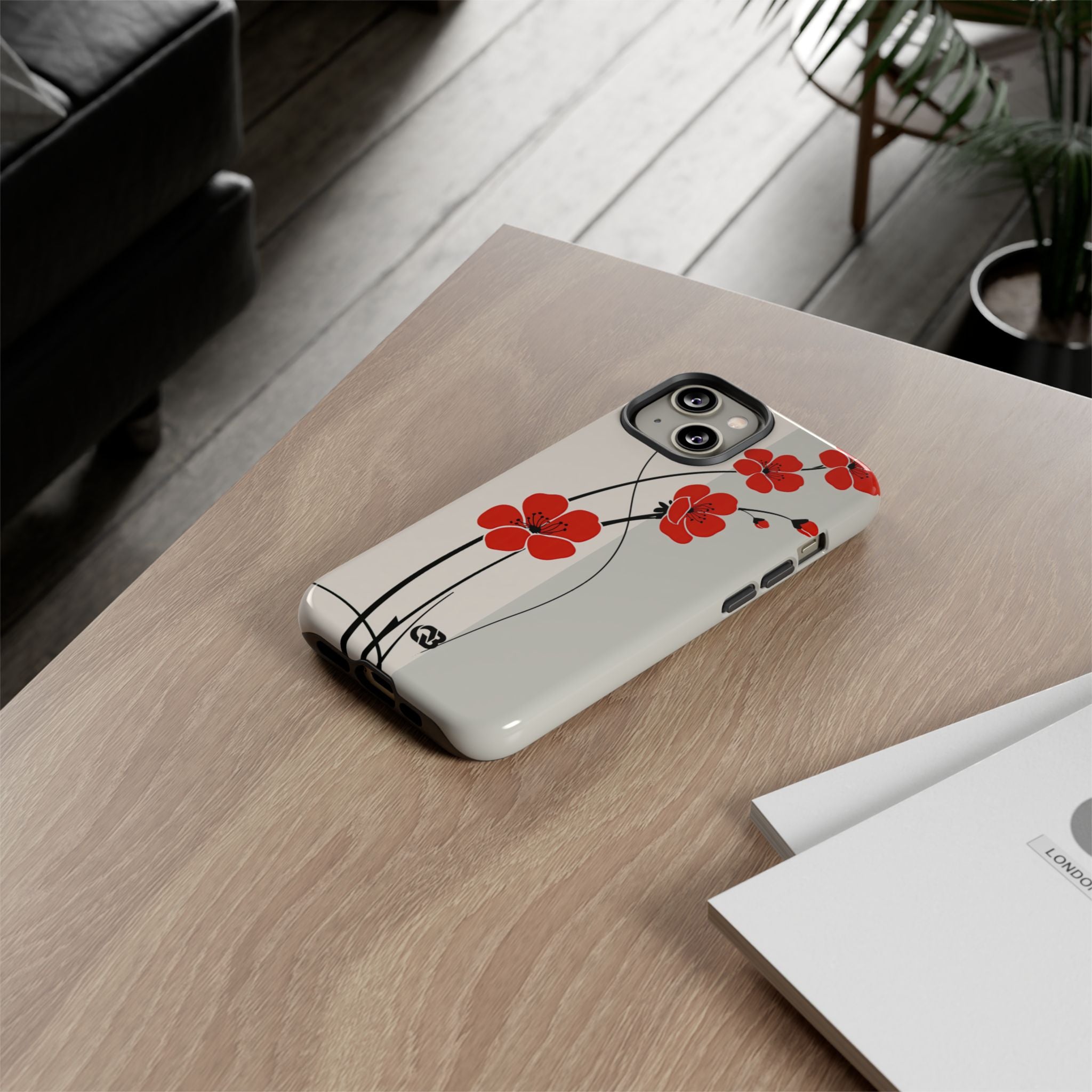 Beige Tough Phone Case for iPhone - Scarlet Ink Petals