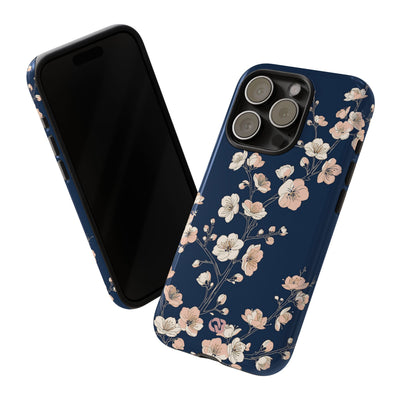 Blue Tough Phone Case for iPhone - Midnight Peach Sakura
