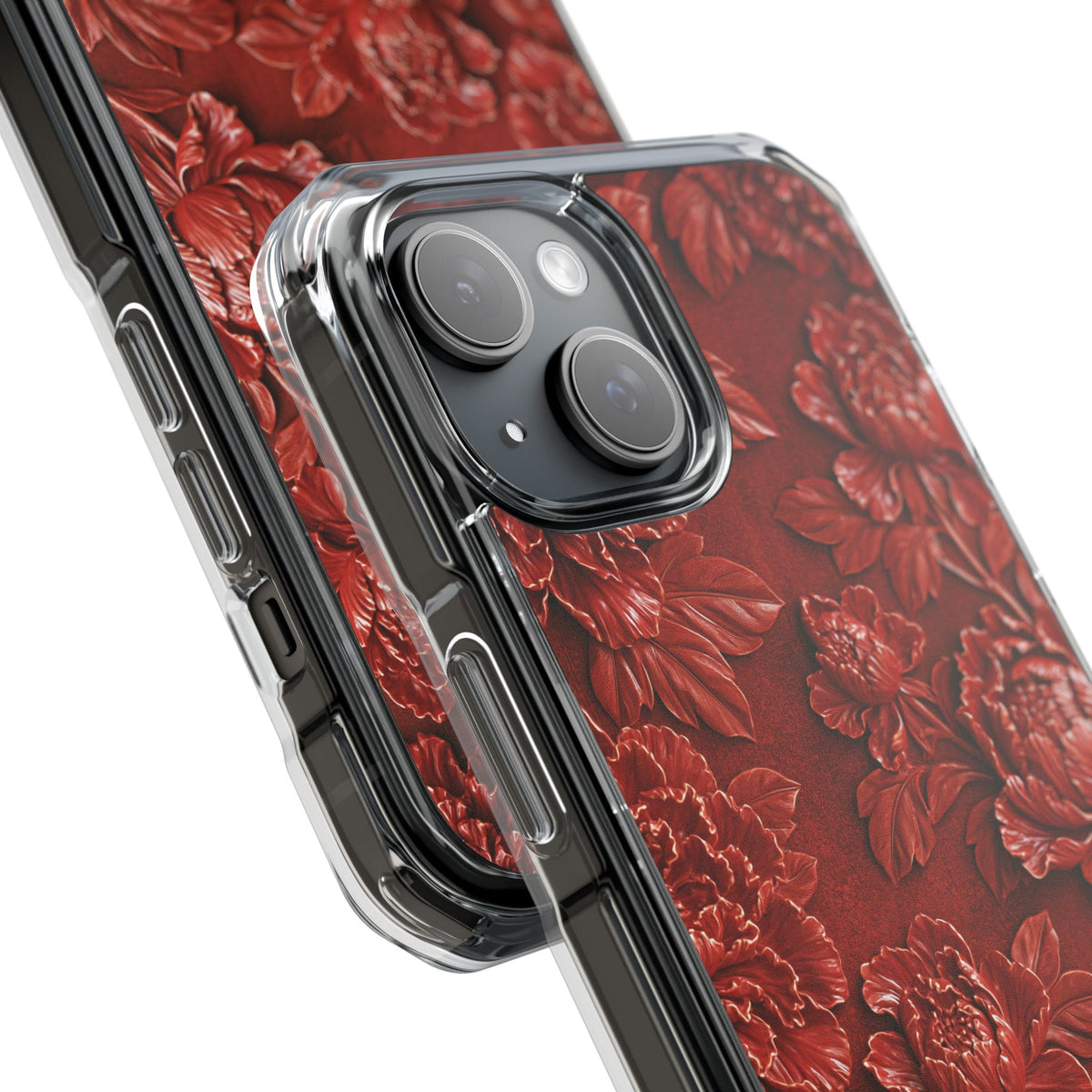 Cinnabar Peony Relief · Clear Impact Magnetic Phone Case for iPhone · Red