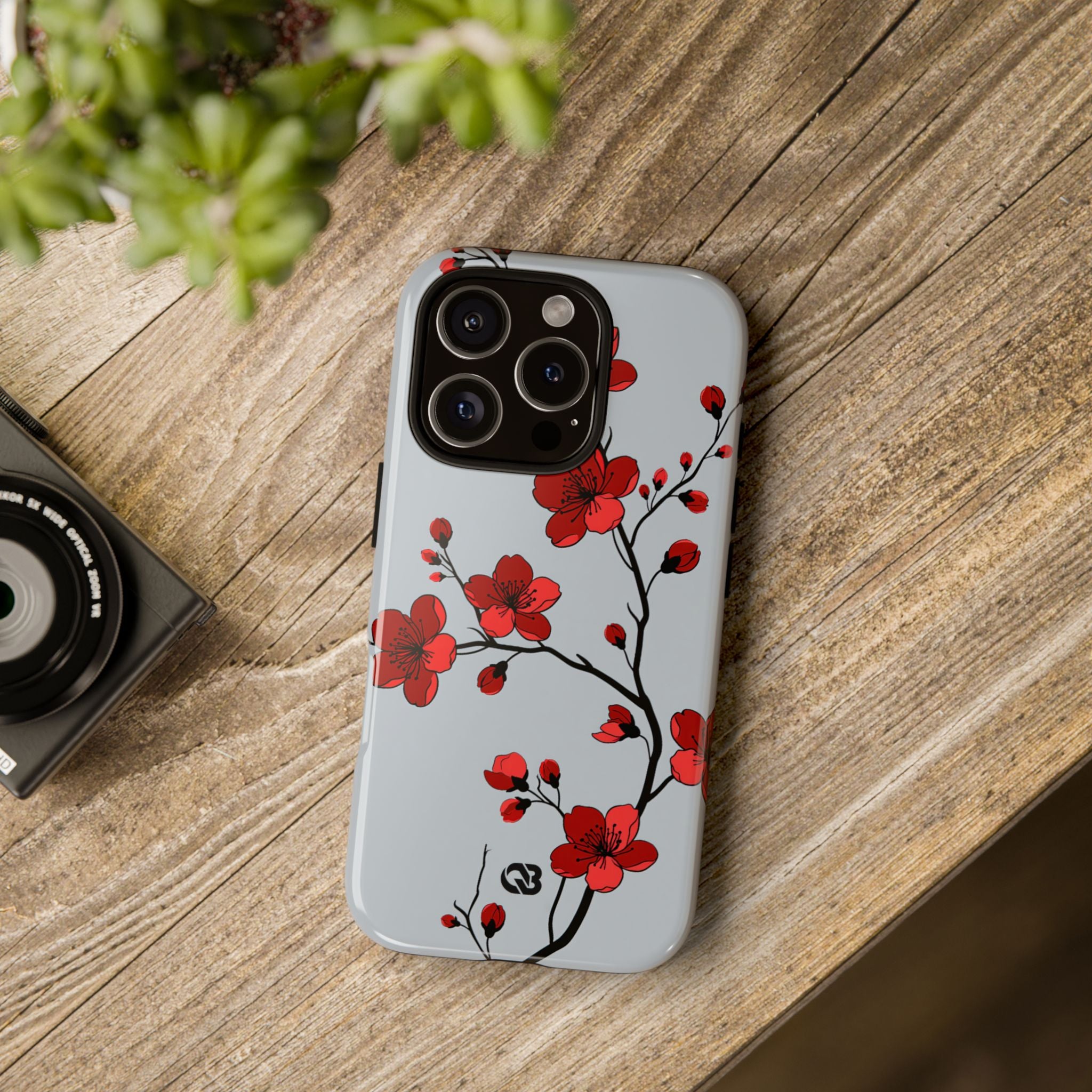 Grey Tough Phone Case for iPhone - Crimson Blossom Onyx