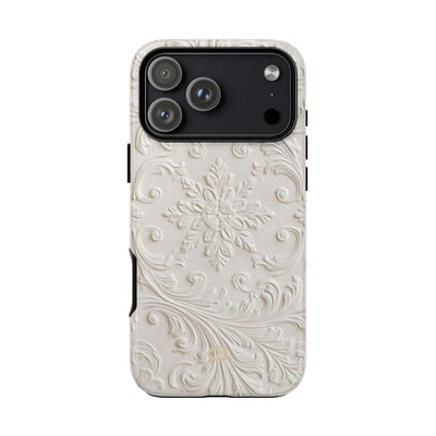 White Tough Phone Case for iPhone - Alabaster Floral Relief