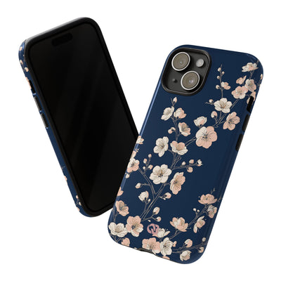 Blue Tough Phone Case for iPhone - Midnight Peach Sakura