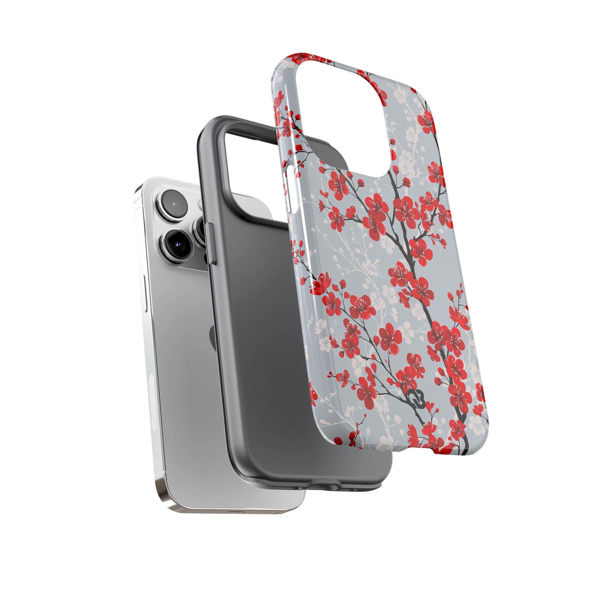 Grey Tough Phone Case for iPhone - Crimson Sakura Slate