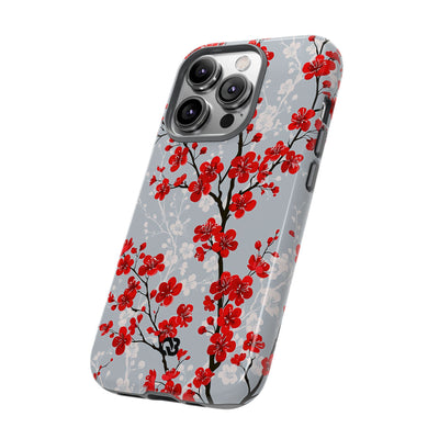 Grey Tough Phone Case for iPhone - Crimson Sakura Slate