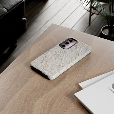 White Tough Phone Case for Samsung - Alabaster Floral Relief