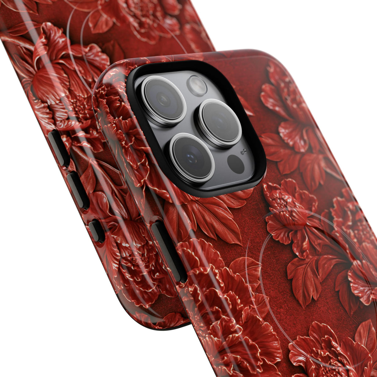 Cinnabar Peony Relief · Tough 2.0 Magnetic Phone Case for iPhone · Red