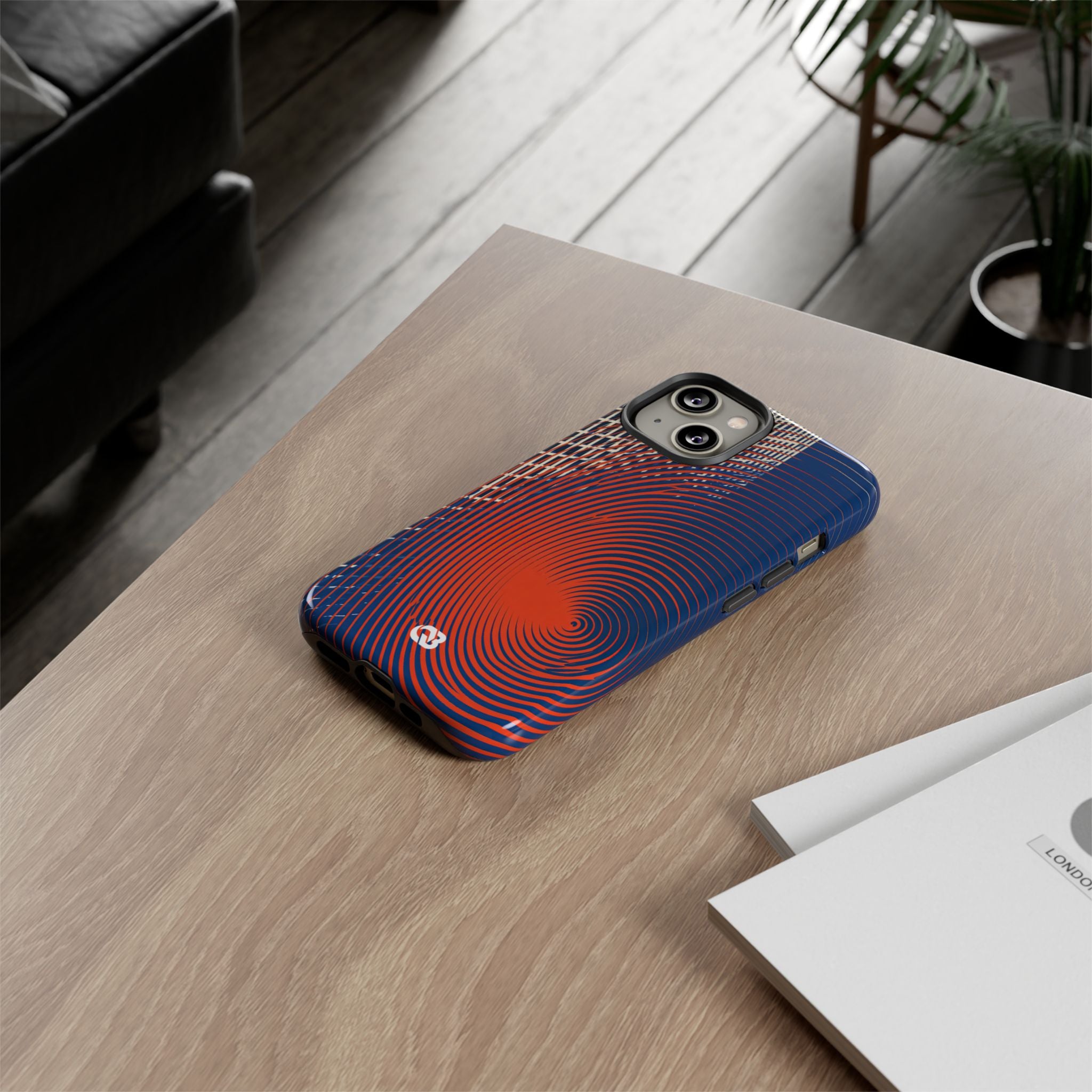 Blue Tough Phone Case for iPhone - Orange Orbit Grid