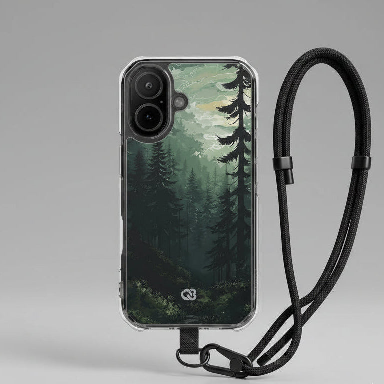 Phone case with forest design and neck strap on a gray background